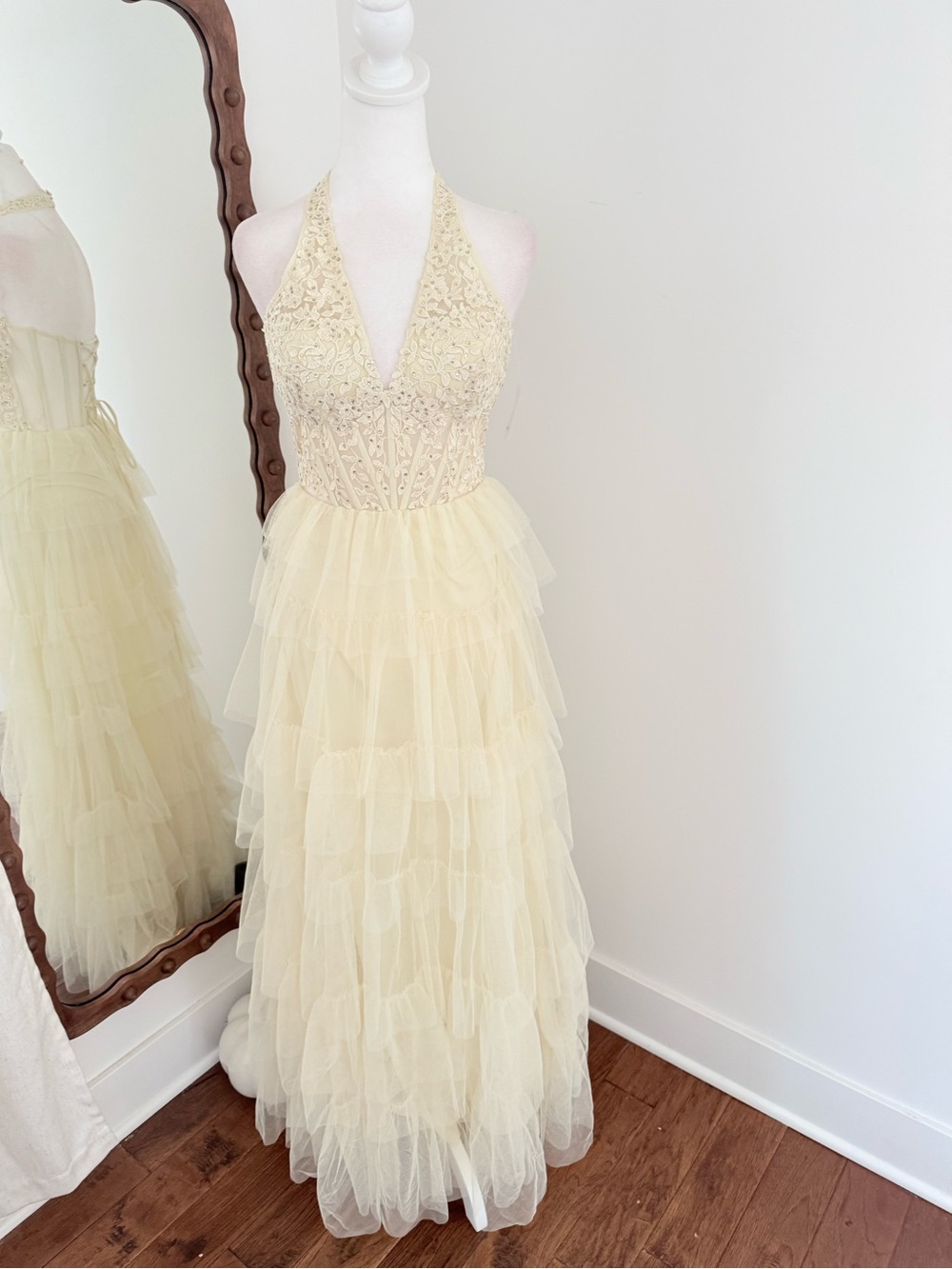 Windsor Cream Halter Lace Bodice Tiered Tulle Maxi Dress